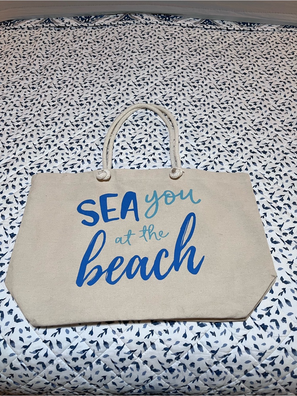 Canvas Beach Tote Bag - 'SEA you at the beach' - Natural with Blue Print - Picture 2 of 3